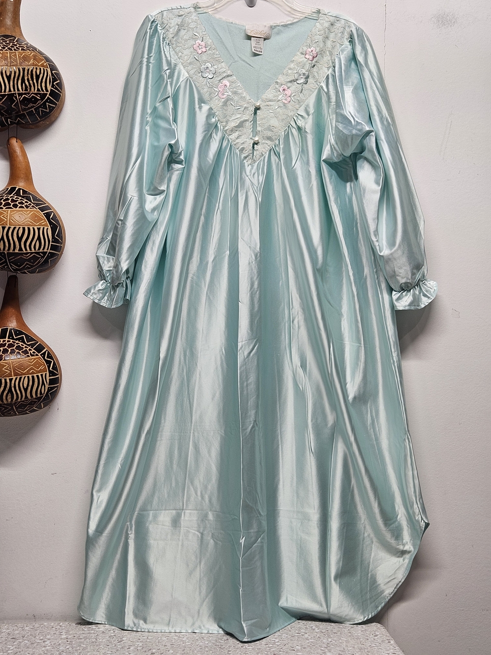Cachet Vintage Seafoam Satin Nightgown Lace Floral Embroidered Neckline Size M